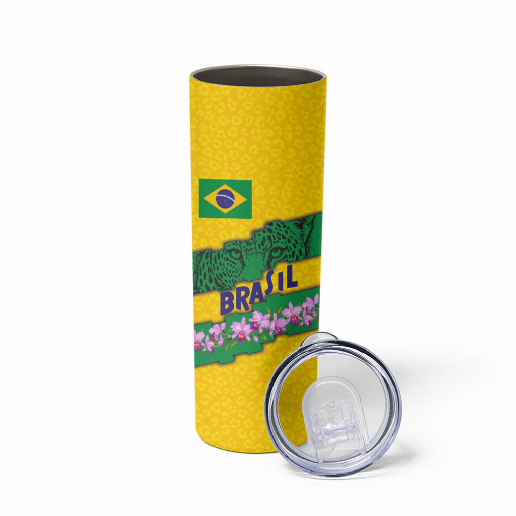 Personalized Brazil Soccer Skinny Tumbler Jaguar Football Mascot - National Flag and Floral Accents