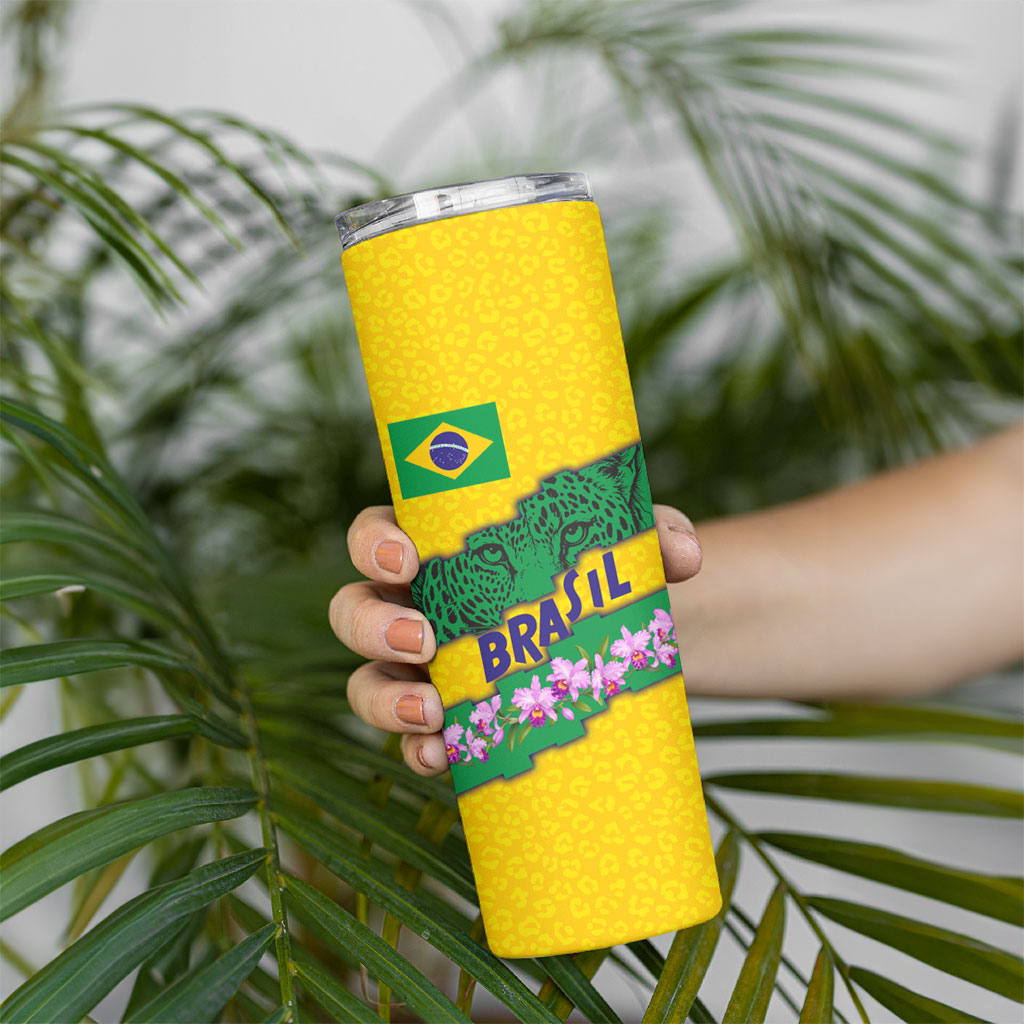 Personalized Brazil Soccer Skinny Tumbler Jaguar Football Mascot - National Flag and Floral Accents