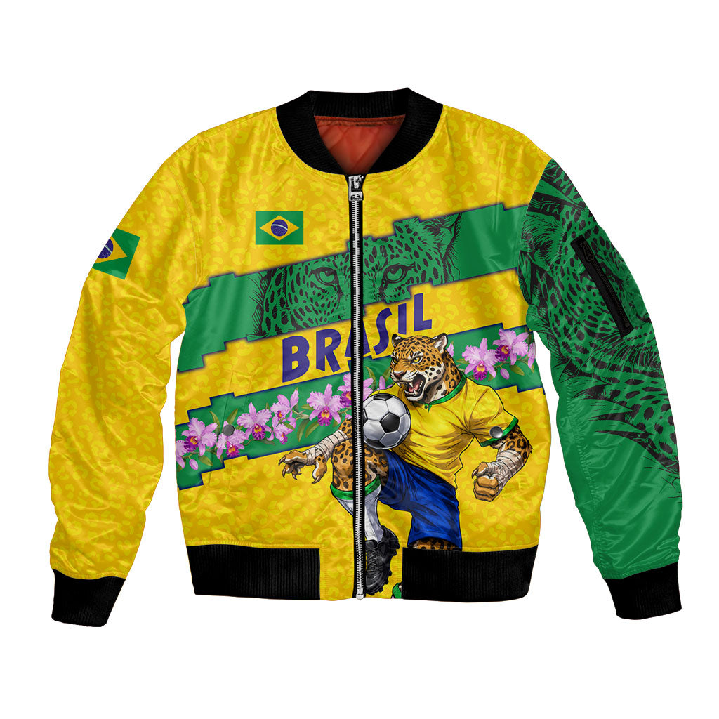 Personalized Brazil Soccer Sleeve Zip Bomber Jacket Jaguar Football Mascot - National Flag and Floral Accents
