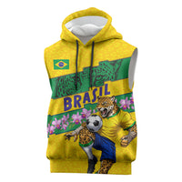 Personalized Brazil Soccer Sleeveless Hoodie Jaguar Football Mascot - National Flag and Floral Accents