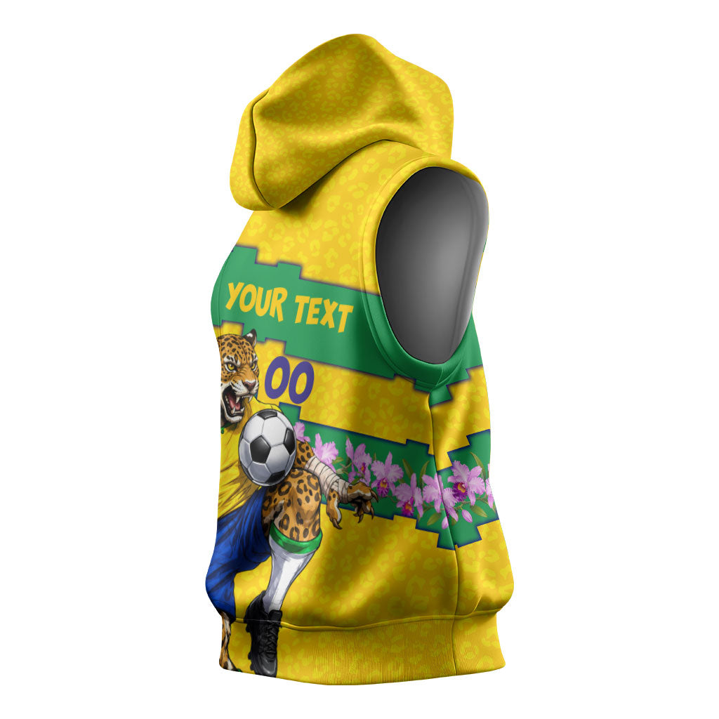 Personalized Brazil Soccer Sleeveless Hoodie Jaguar Football Mascot - National Flag and Floral Accents