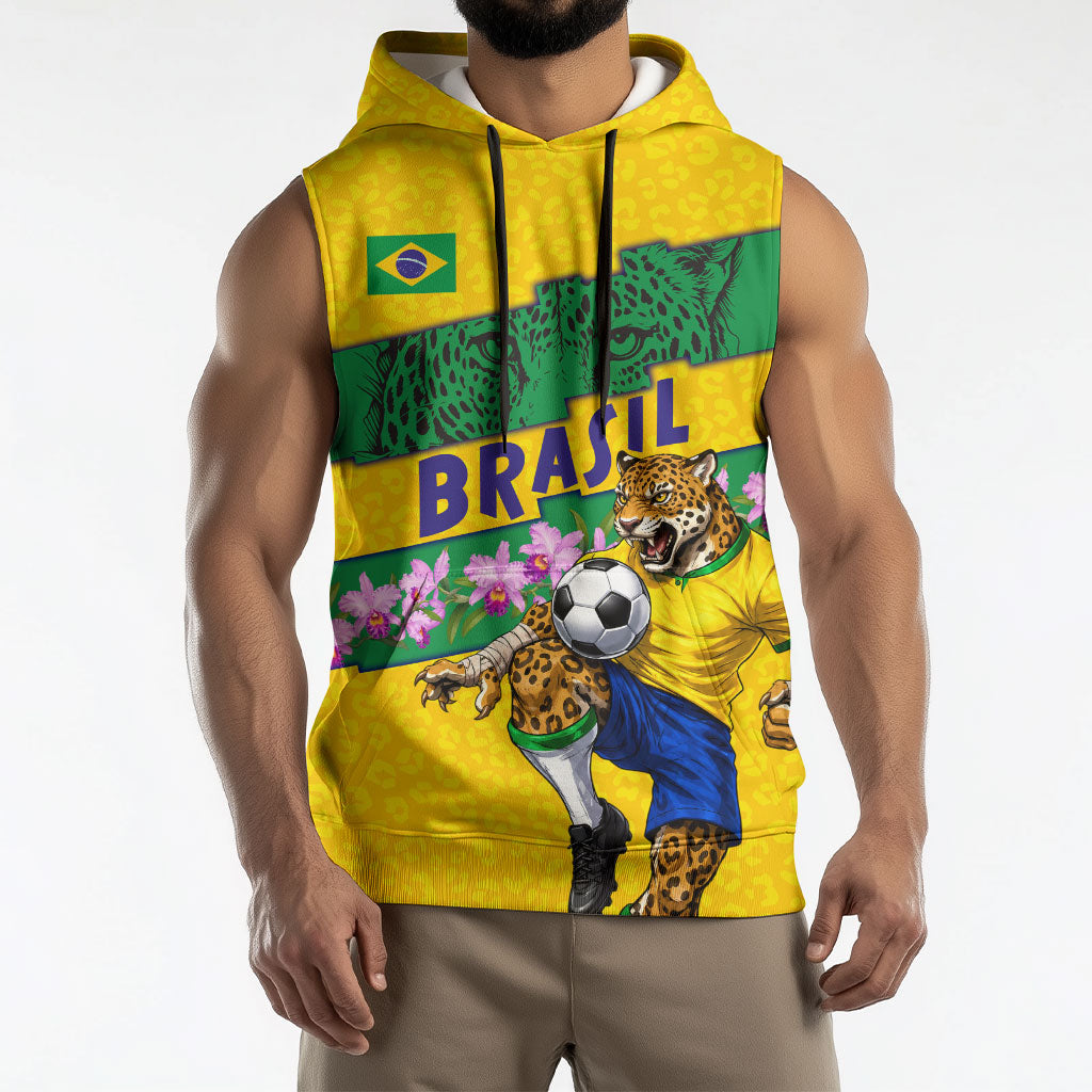 Personalized Brazil Soccer Sleeveless Hoodie Jaguar Football Mascot - National Flag and Floral Accents