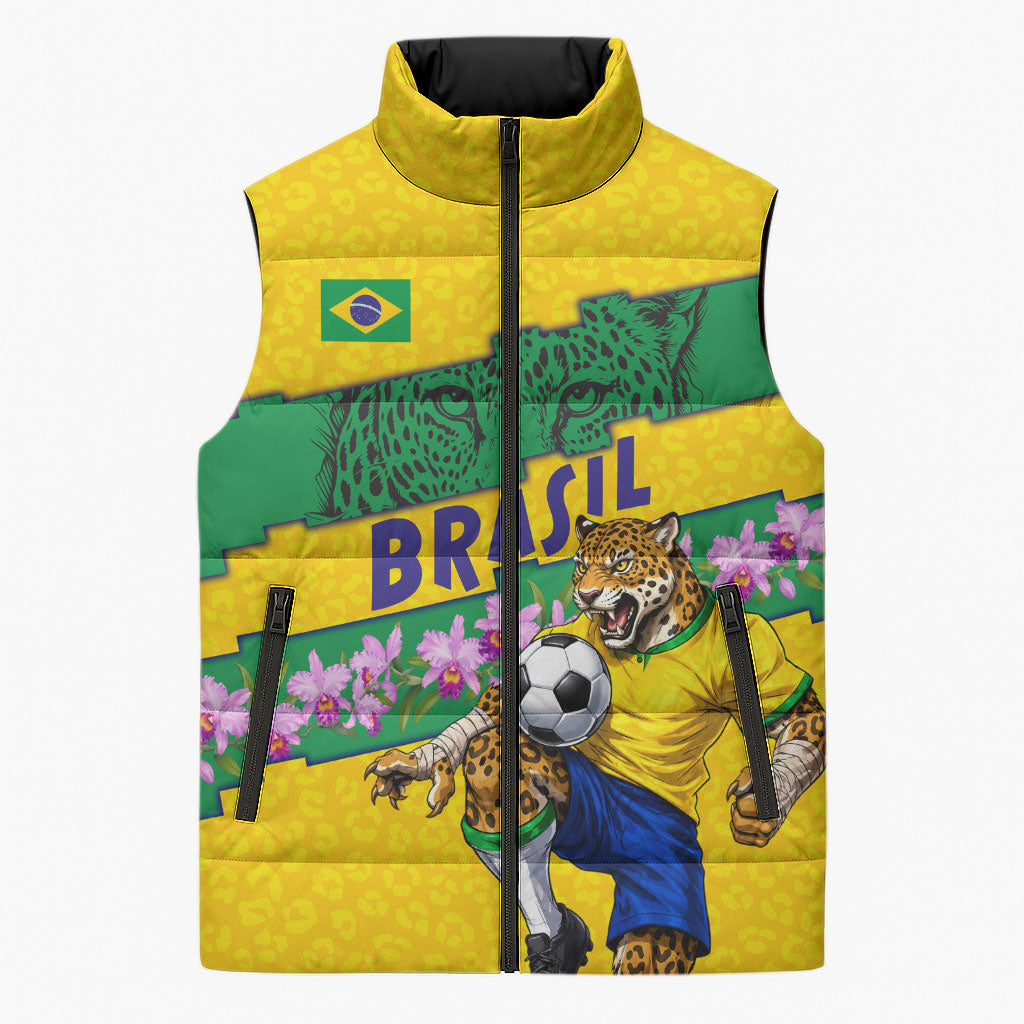 Personalized Brazil Soccer Sleeveless Puffer Jacket Jaguar Football Mascot - National Flag and Floral Accents