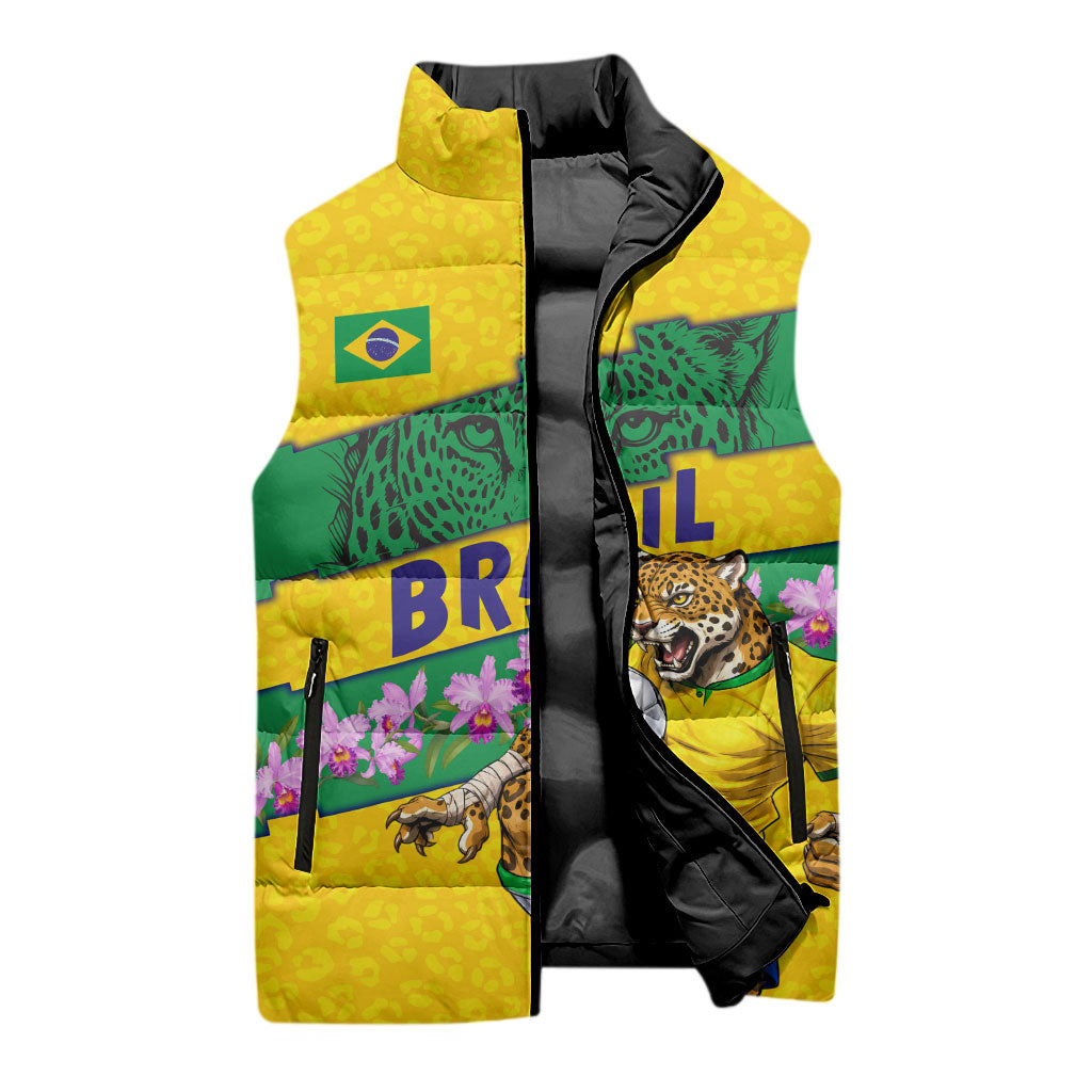 Personalized Brazil Soccer Sleeveless Puffer Jacket Jaguar Football Mascot - National Flag and Floral Accents