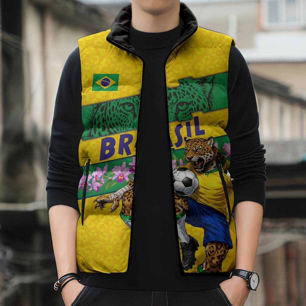 Personalized Brazil Soccer Sleeveless Puffer Jacket Jaguar Football Mascot - National Flag and Floral Accents