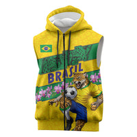 Personalized Brazil Soccer Sleeveless Zip Hoodie Jaguar Football Mascot - National Flag and Floral Accents