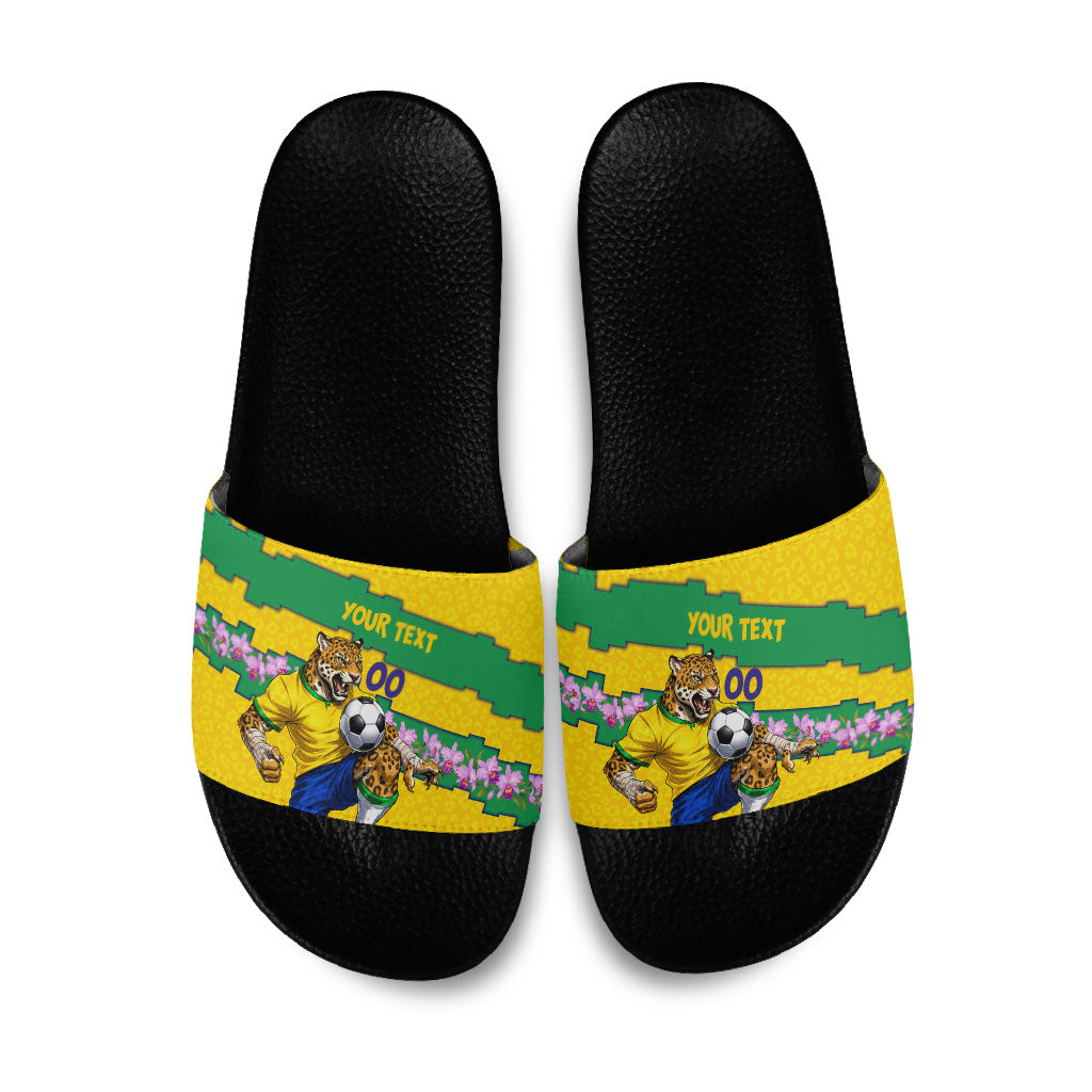 Personalized Brazil Soccer Slide Sandals Jaguar Football Mascot - National Flag and Floral Accents