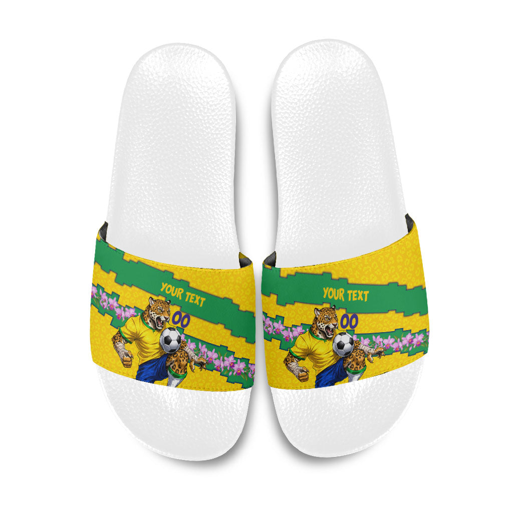 Personalized Brazil Soccer Slide Sandals Jaguar Football Mascot - National Flag and Floral Accents