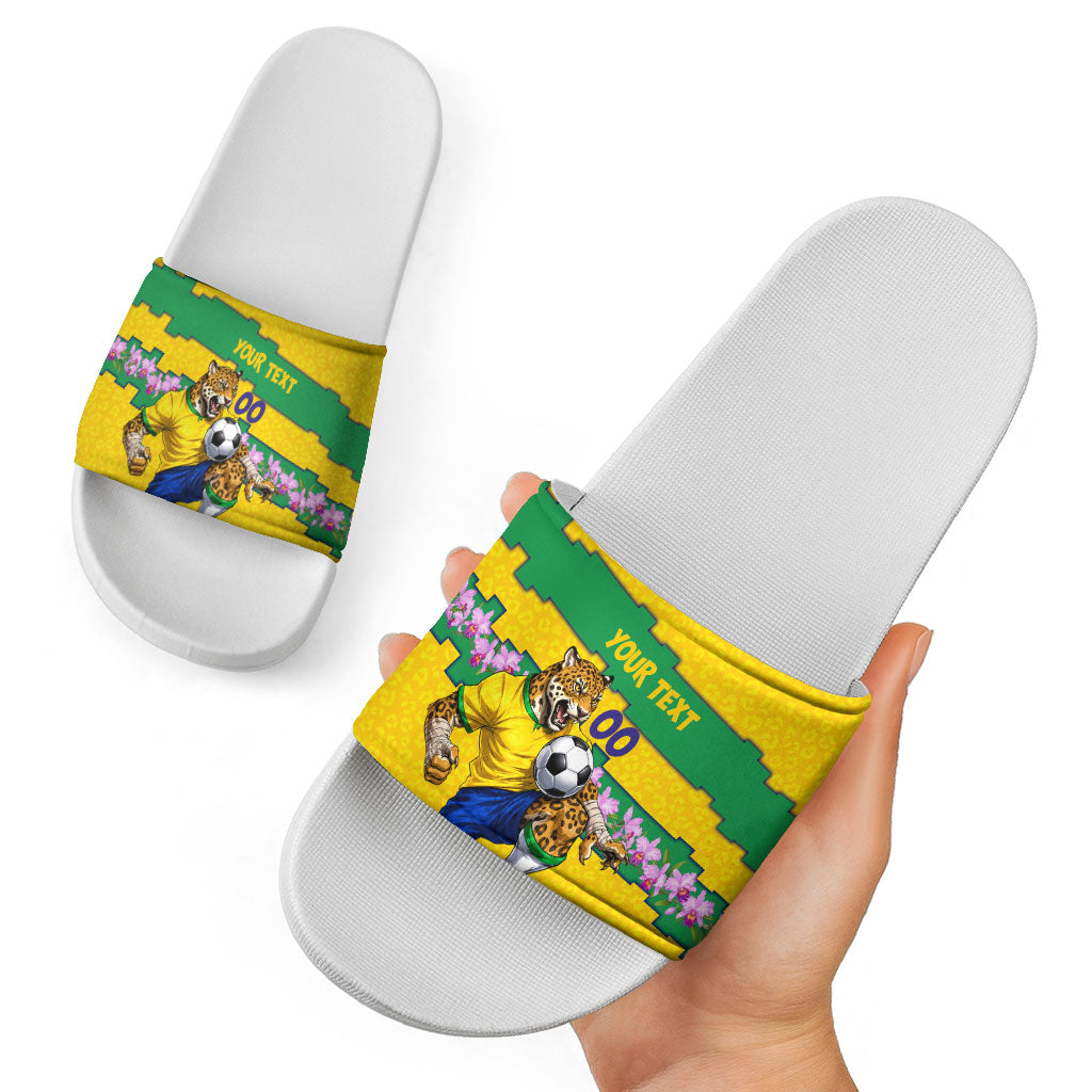 Personalized Brazil Soccer Slide Sandals Jaguar Football Mascot - National Flag and Floral Accents