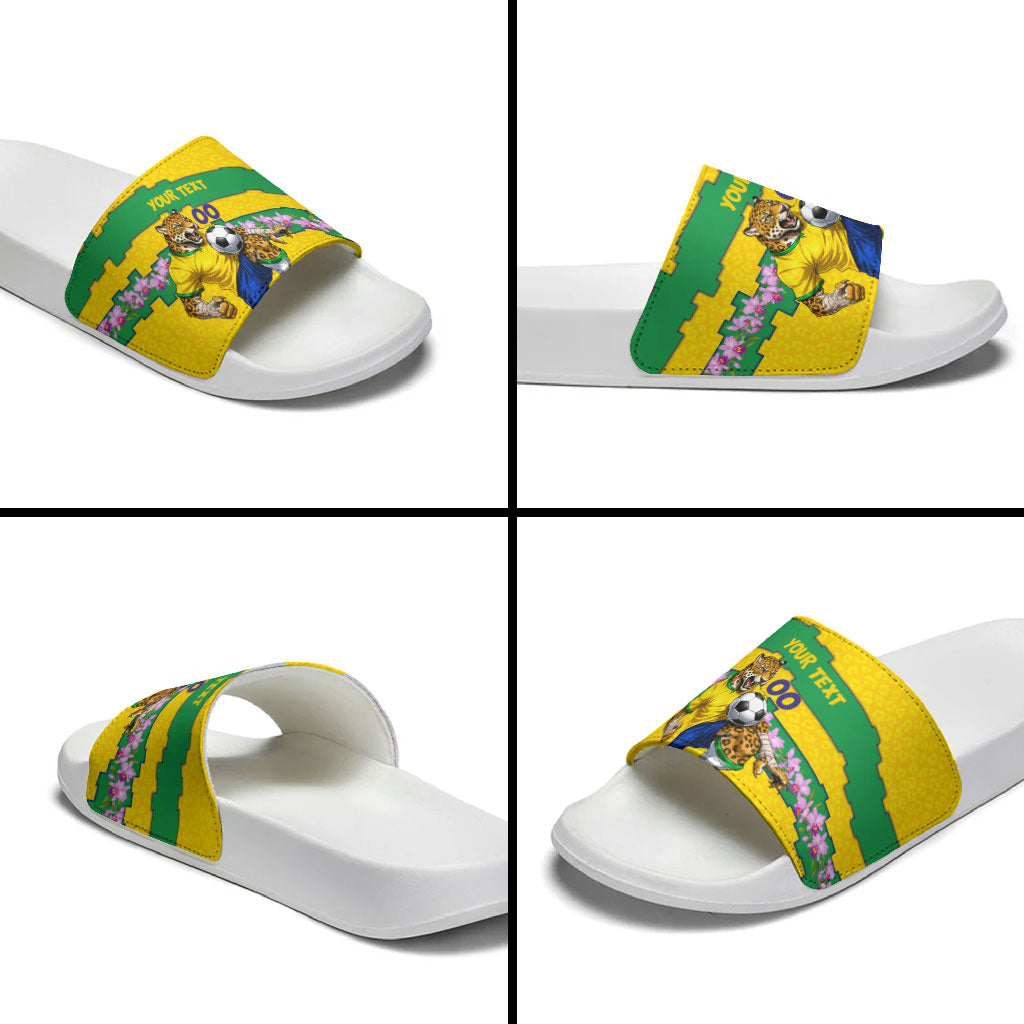 Personalized Brazil Soccer Slide Sandals Jaguar Football Mascot - National Flag and Floral Accents