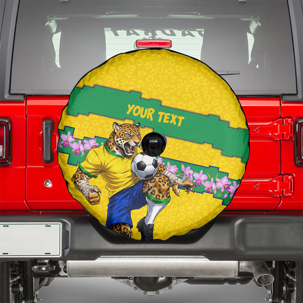 Personalized Brazil Soccer Spare Tire Cover Jaguar Football Mascot - National Flag and Floral Accents