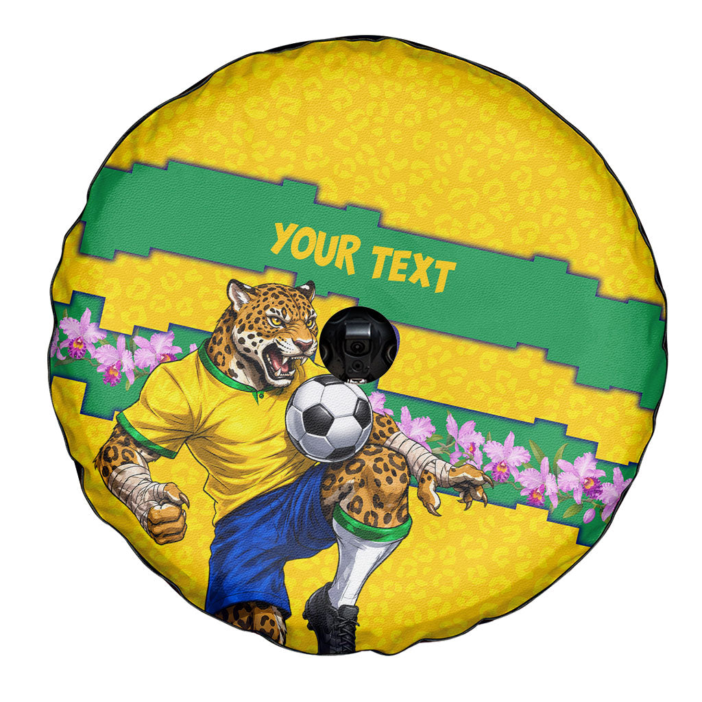 Personalized Brazil Soccer Spare Tire Cover Jaguar Football Mascot - National Flag and Floral Accents