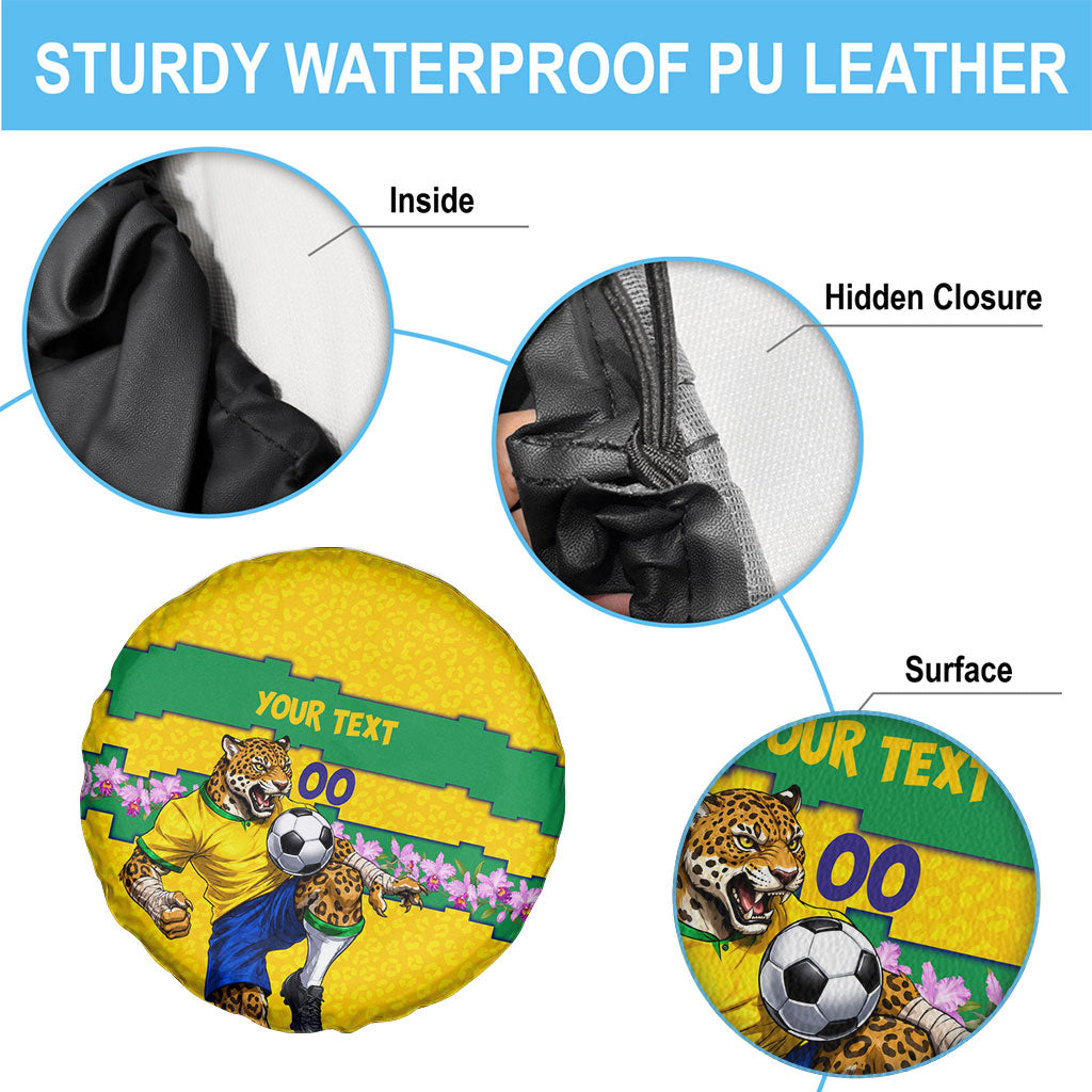 Personalized Brazil Soccer Spare Tire Cover Jaguar Football Mascot - National Flag and Floral Accents