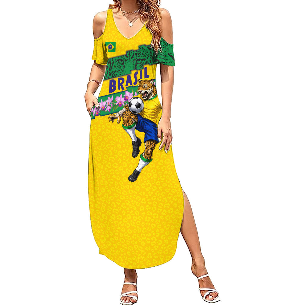 Personalized Brazil Soccer Summer Maxi Dress Jaguar Football Mascot - National Flag and Floral Accents