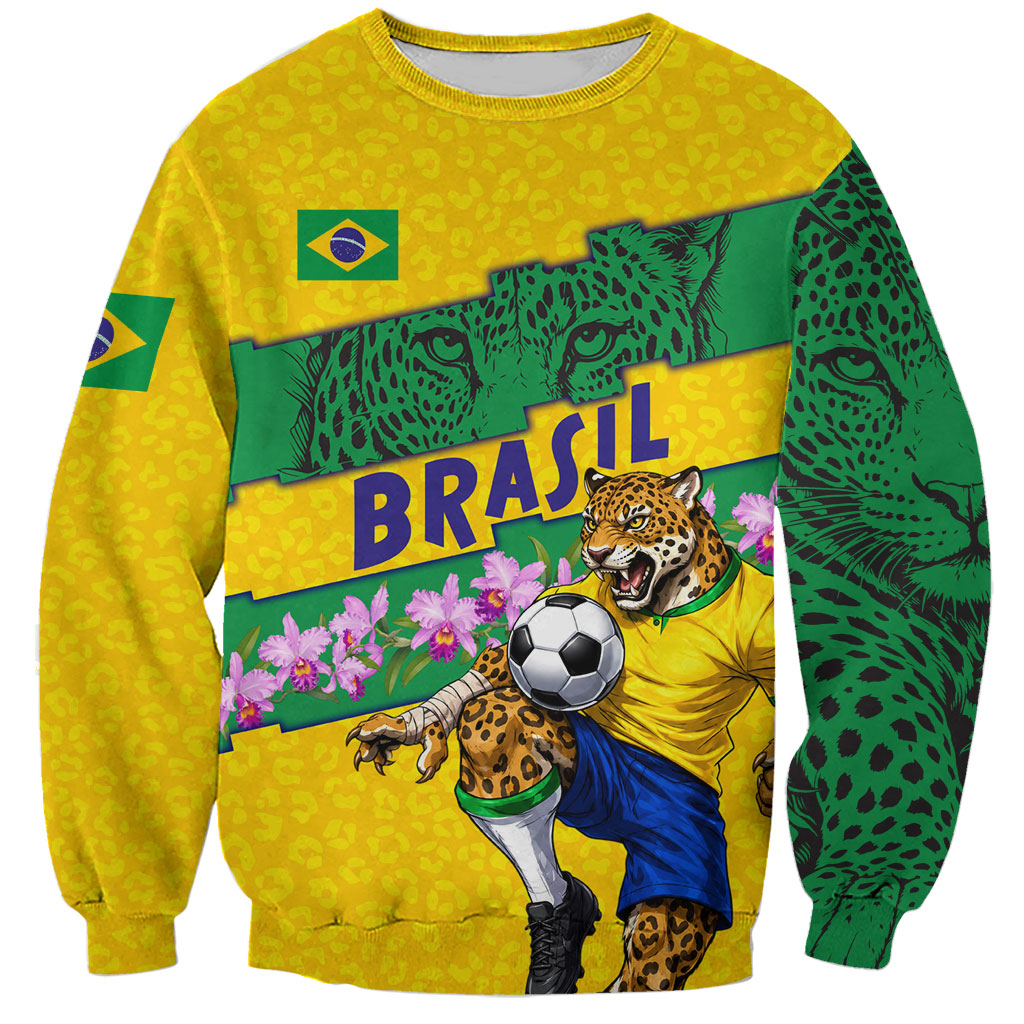 Personalized Brazil Soccer Sweatshirt Jaguar Football Mascot - National Flag and Floral Accents