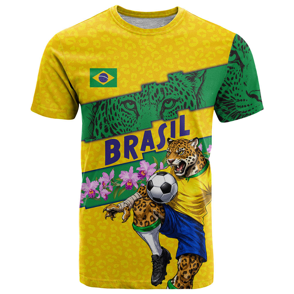 Personalized Brazil Soccer T Shirt Jaguar Football Mascot - National Flag and Floral Accents