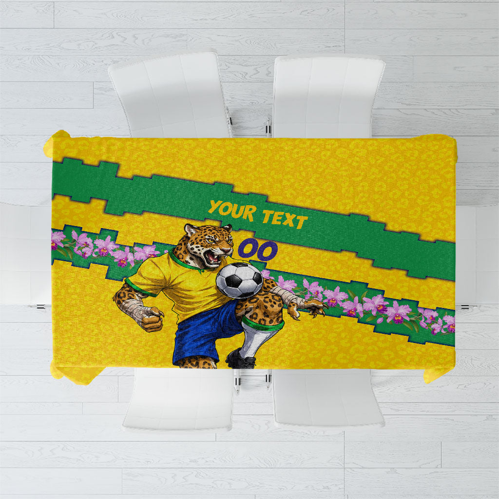 Personalized Brazil Soccer Tablecloth Jaguar Football Mascot - National Flag and Floral Accents