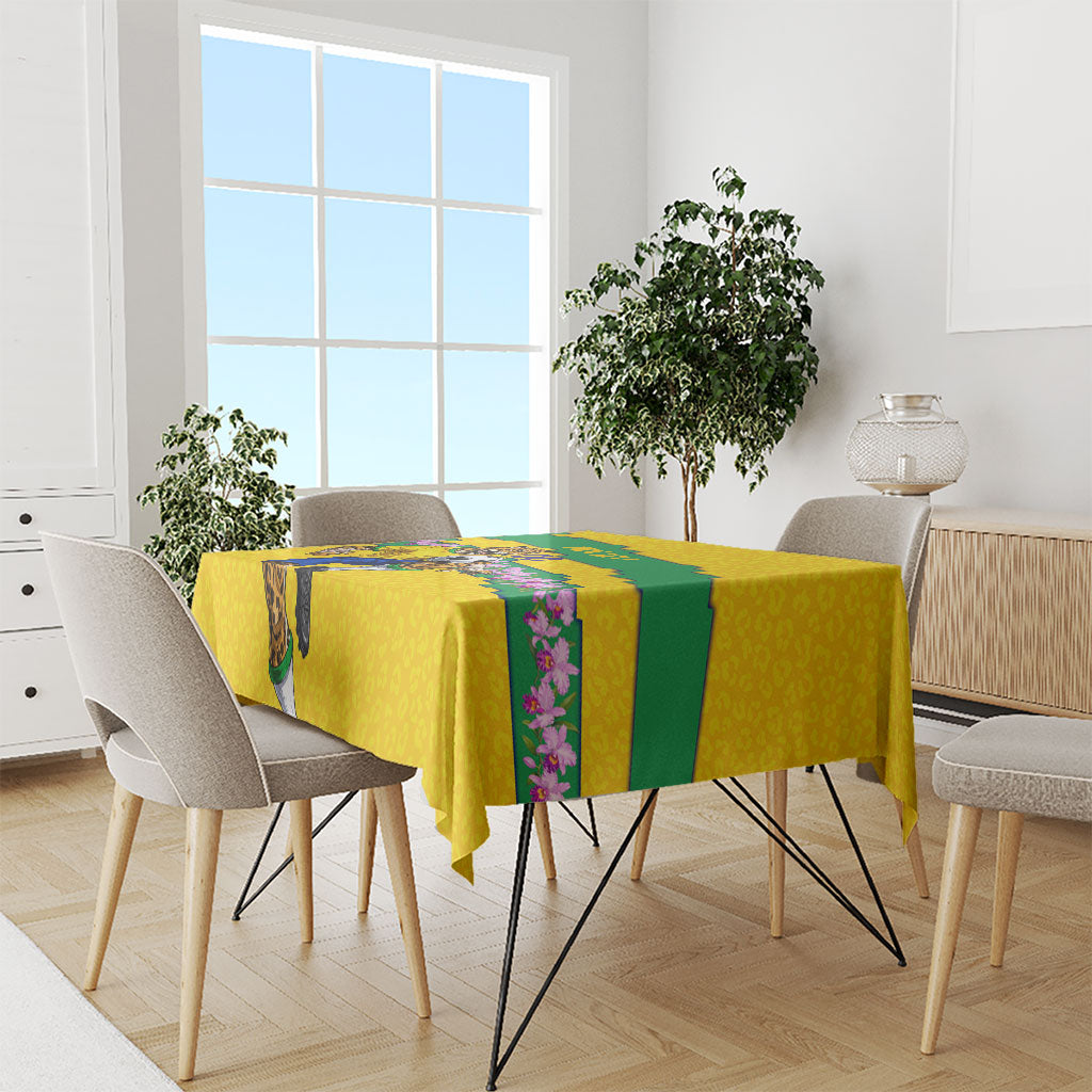 Personalized Brazil Soccer Tablecloth Jaguar Football Mascot - National Flag and Floral Accents