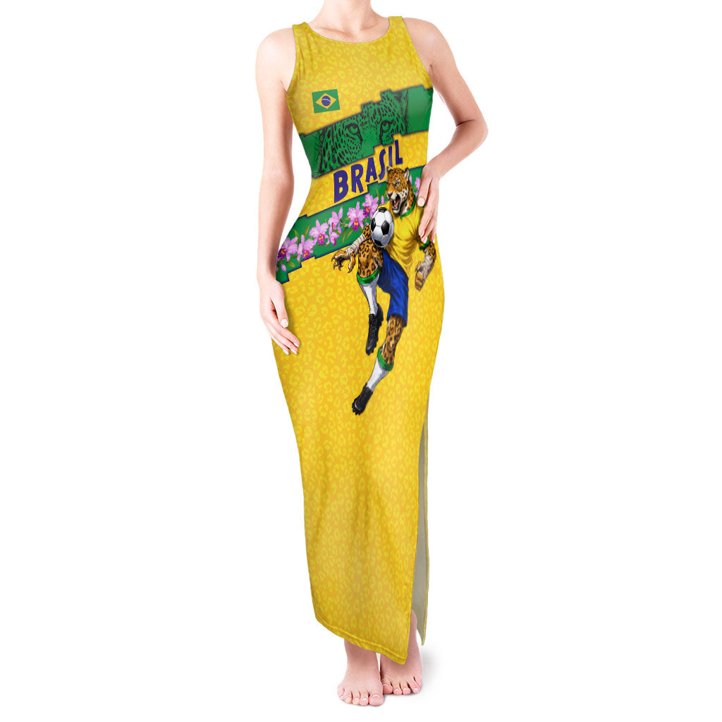 Personalized Brazil Soccer Tank Maxi Dress Jaguar Football Mascot - National Flag and Floral Accents