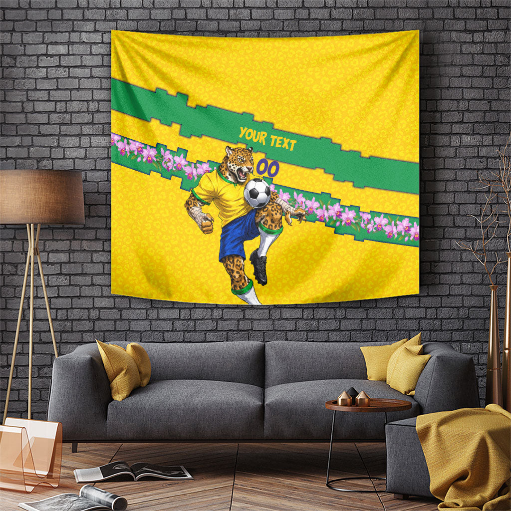 Personalized Brazil Soccer Tapestry Jaguar Football Mascot - National Flag and Floral Accents