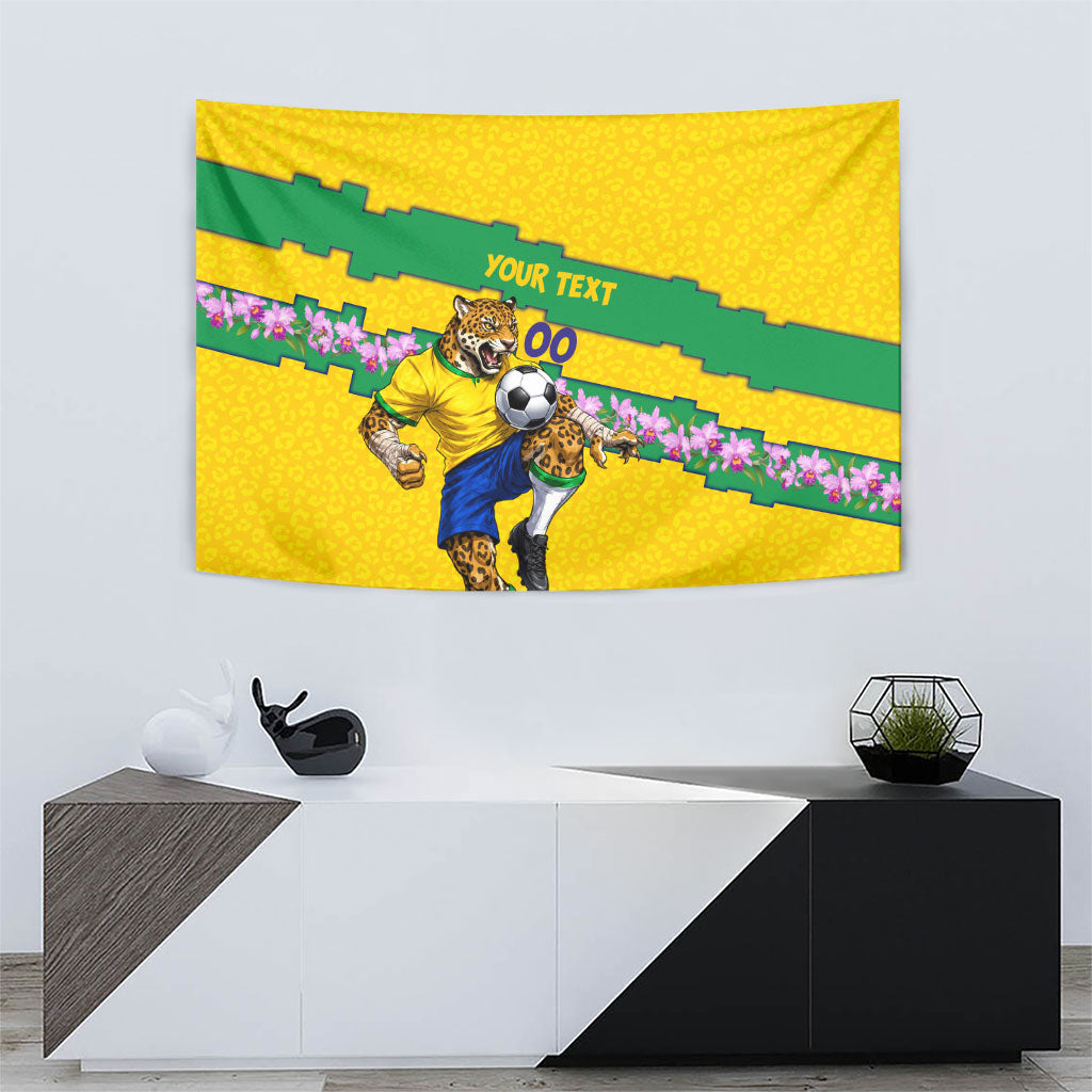 Personalized Brazil Soccer Tapestry Jaguar Football Mascot - National Flag and Floral Accents