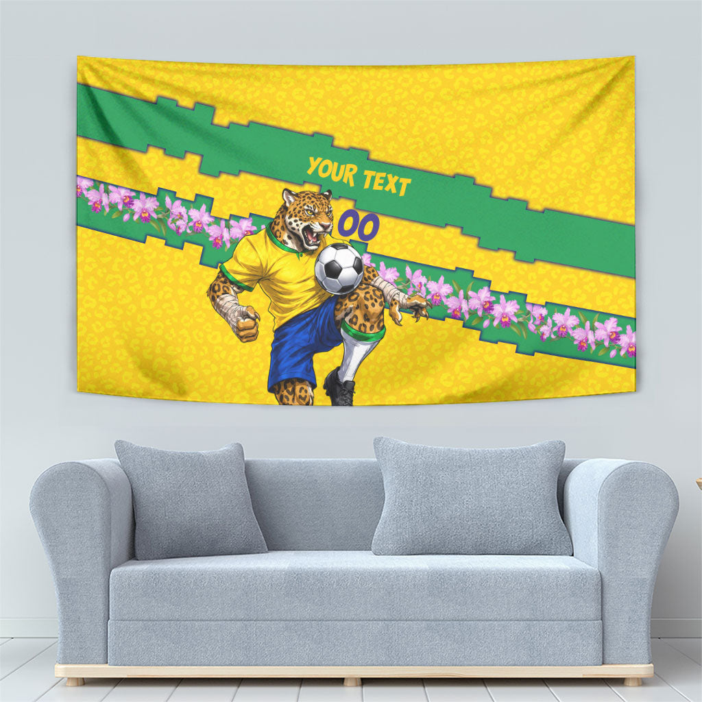 Personalized Brazil Soccer Tapestry Jaguar Football Mascot - National Flag and Floral Accents