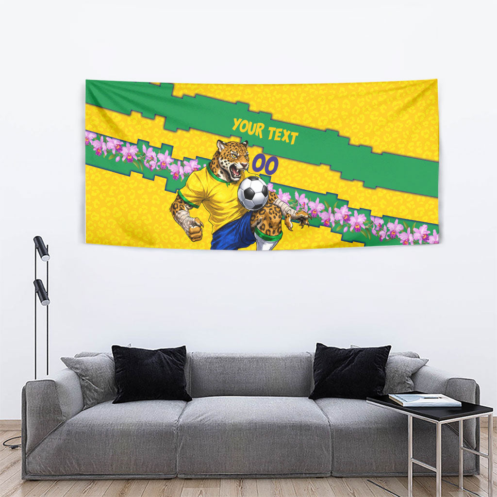 Personalized Brazil Soccer Tapestry Jaguar Football Mascot - National Flag and Floral Accents