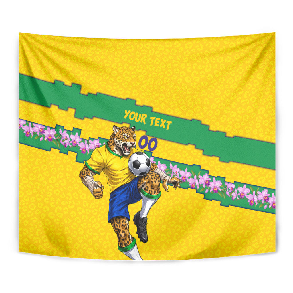 Personalized Brazil Soccer Tapestry Jaguar Football Mascot - National Flag and Floral Accents