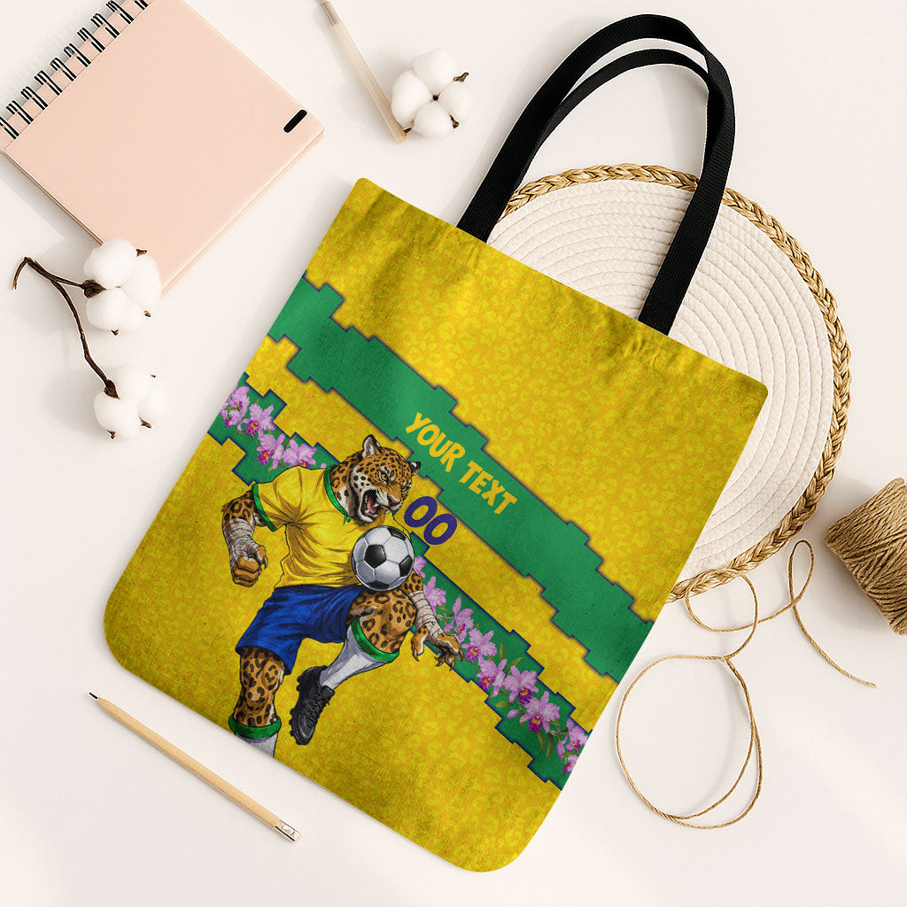 Personalized Brazil Soccer Tote Bag Jaguar Football Mascot - National Flag and Floral Accents