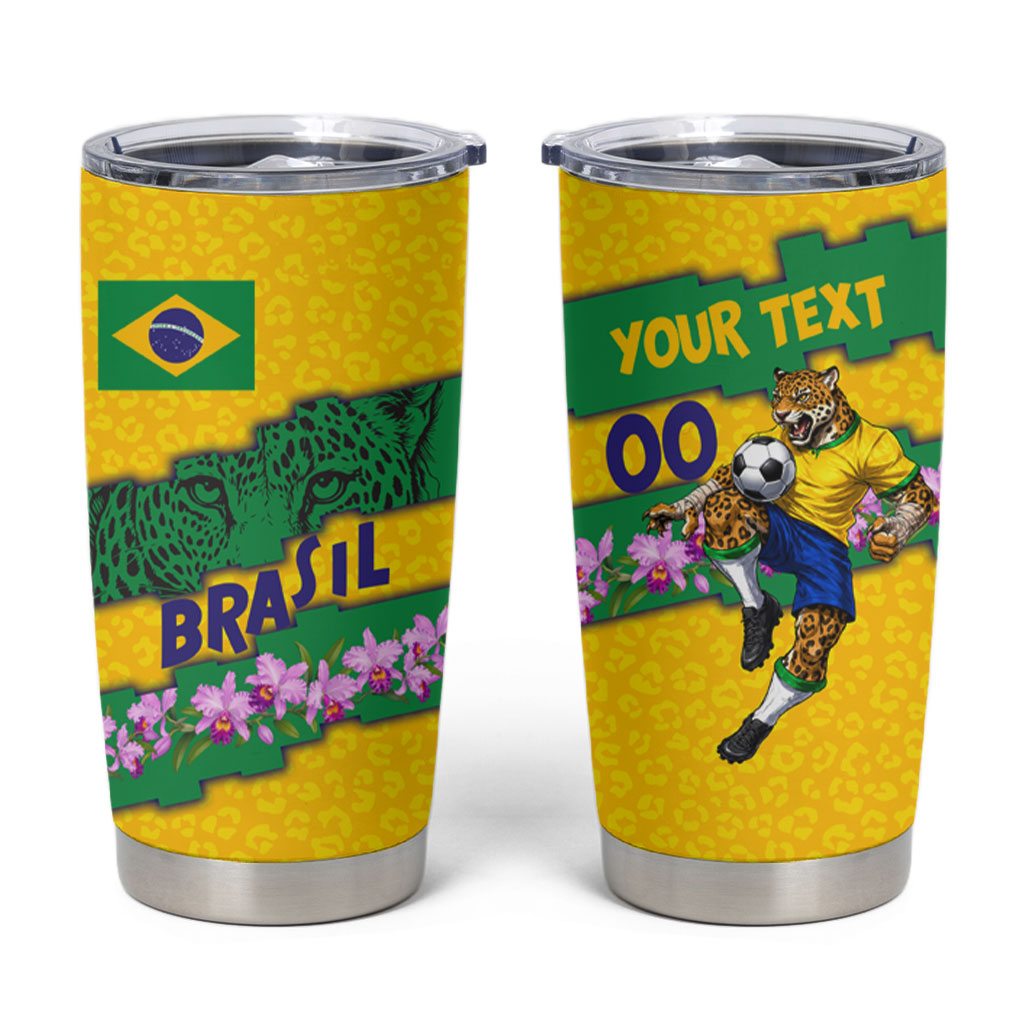 Personalized Brazil Soccer Tumbler Cup Jaguar Football Mascot - National Flag and Floral Accents