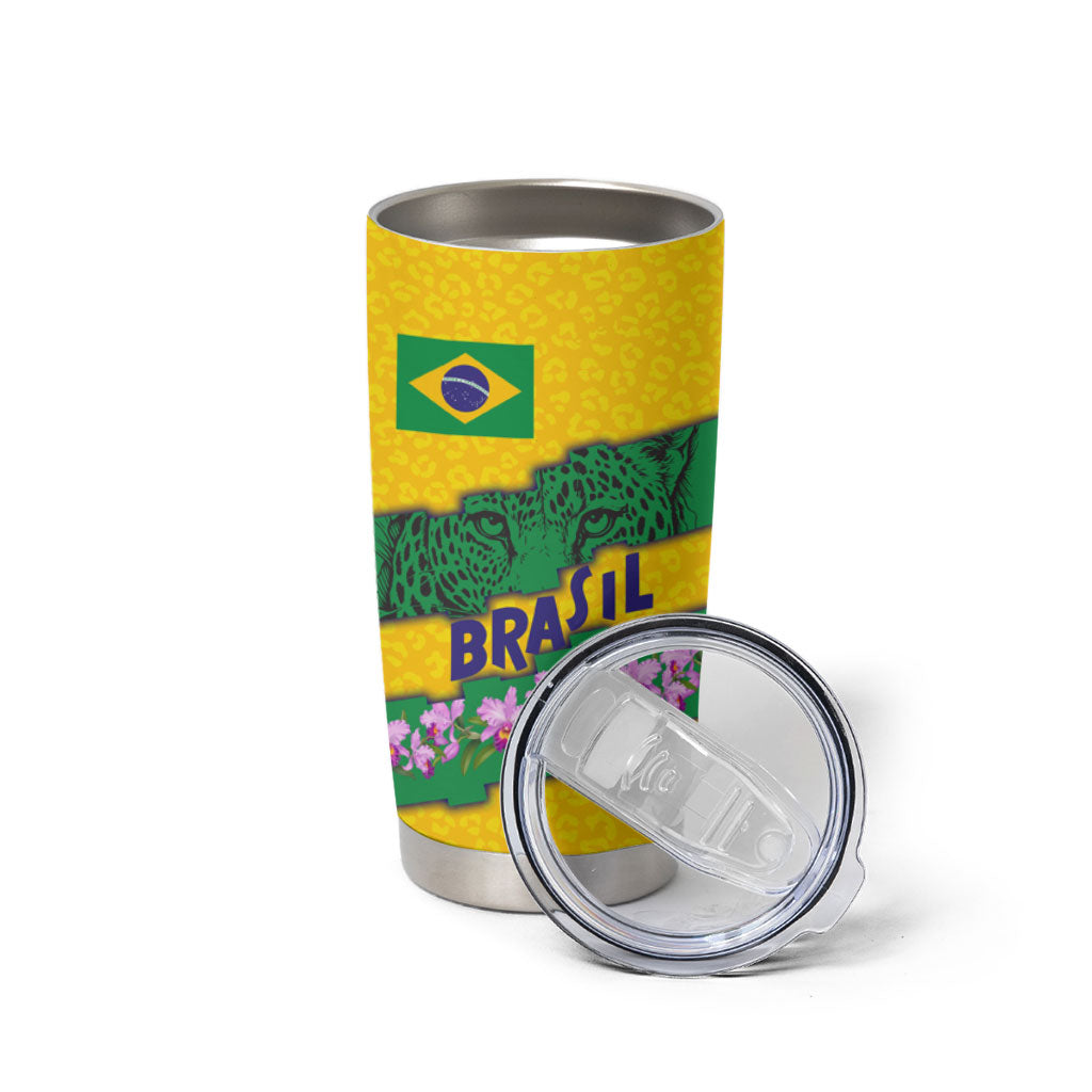 Personalized Brazil Soccer Tumbler Cup Jaguar Football Mascot - National Flag and Floral Accents