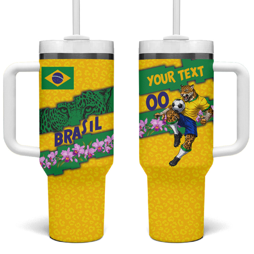 Personalized Brazil Soccer Tumbler With Handle Jaguar Football Mascot - National Flag and Floral Accents