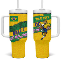 Personalized Brazil Soccer Tumbler With Handle Jaguar Football Mascot - National Flag and Floral Accents