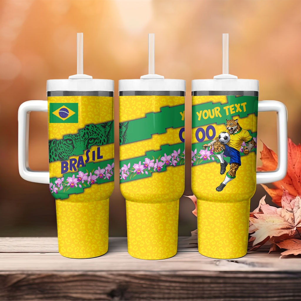 Personalized Brazil Soccer Tumbler With Handle Jaguar Football Mascot - National Flag and Floral Accents