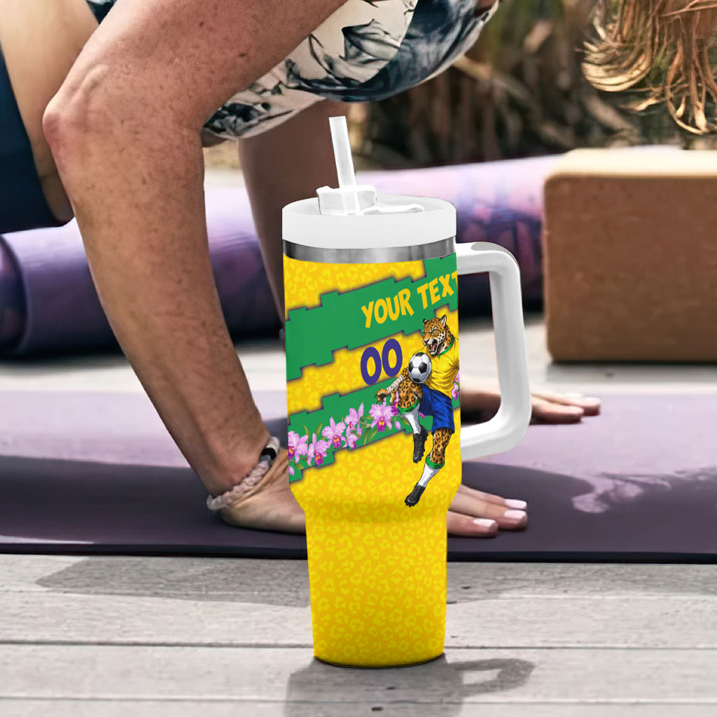 Personalized Brazil Soccer Tumbler With Handle Jaguar Football Mascot - National Flag and Floral Accents
