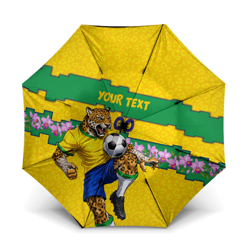 Personalized Brazil Soccer Umbrella Jaguar Football Mascot - National Flag and Floral Accents
