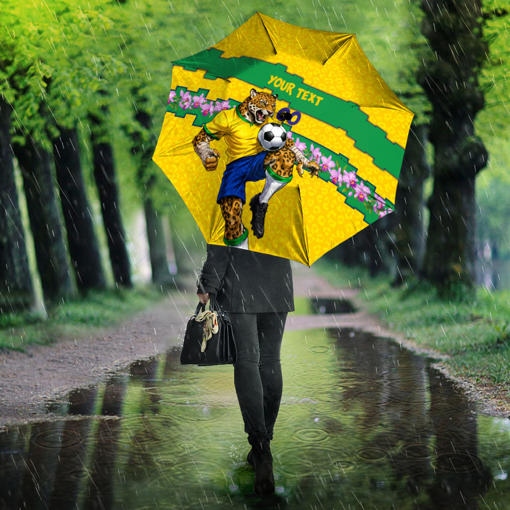 Personalized Brazil Soccer Umbrella Jaguar Football Mascot - National Flag and Floral Accents