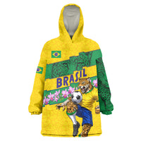Personalized Brazil Soccer Wearable Blanket Hoodie Jaguar Football Mascot - National Flag and Floral Accents