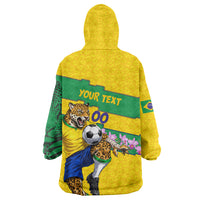 Personalized Brazil Soccer Wearable Blanket Hoodie Jaguar Football Mascot - National Flag and Floral Accents