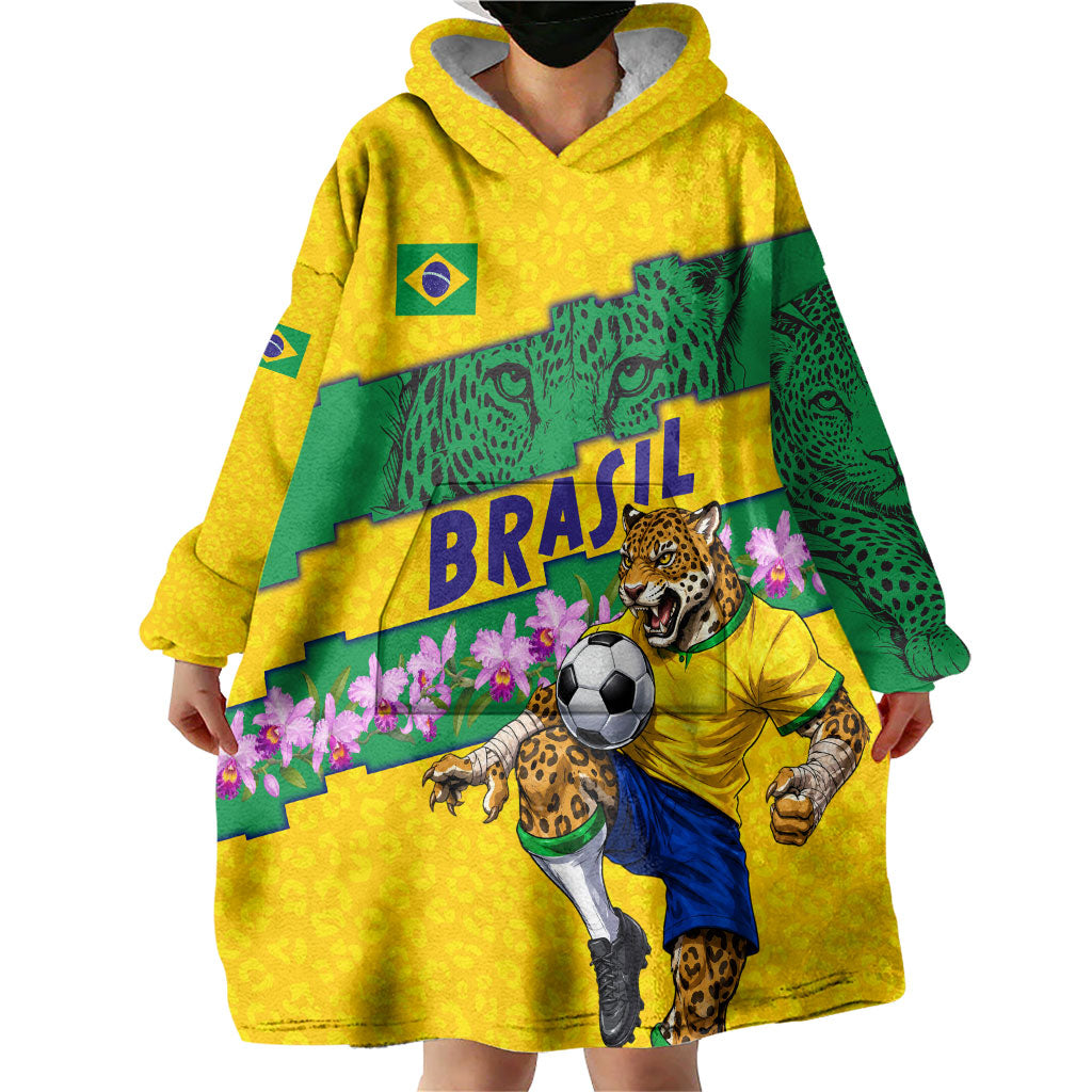 Personalized Brazil Soccer Wearable Blanket Hoodie Jaguar Football Mascot - National Flag and Floral Accents