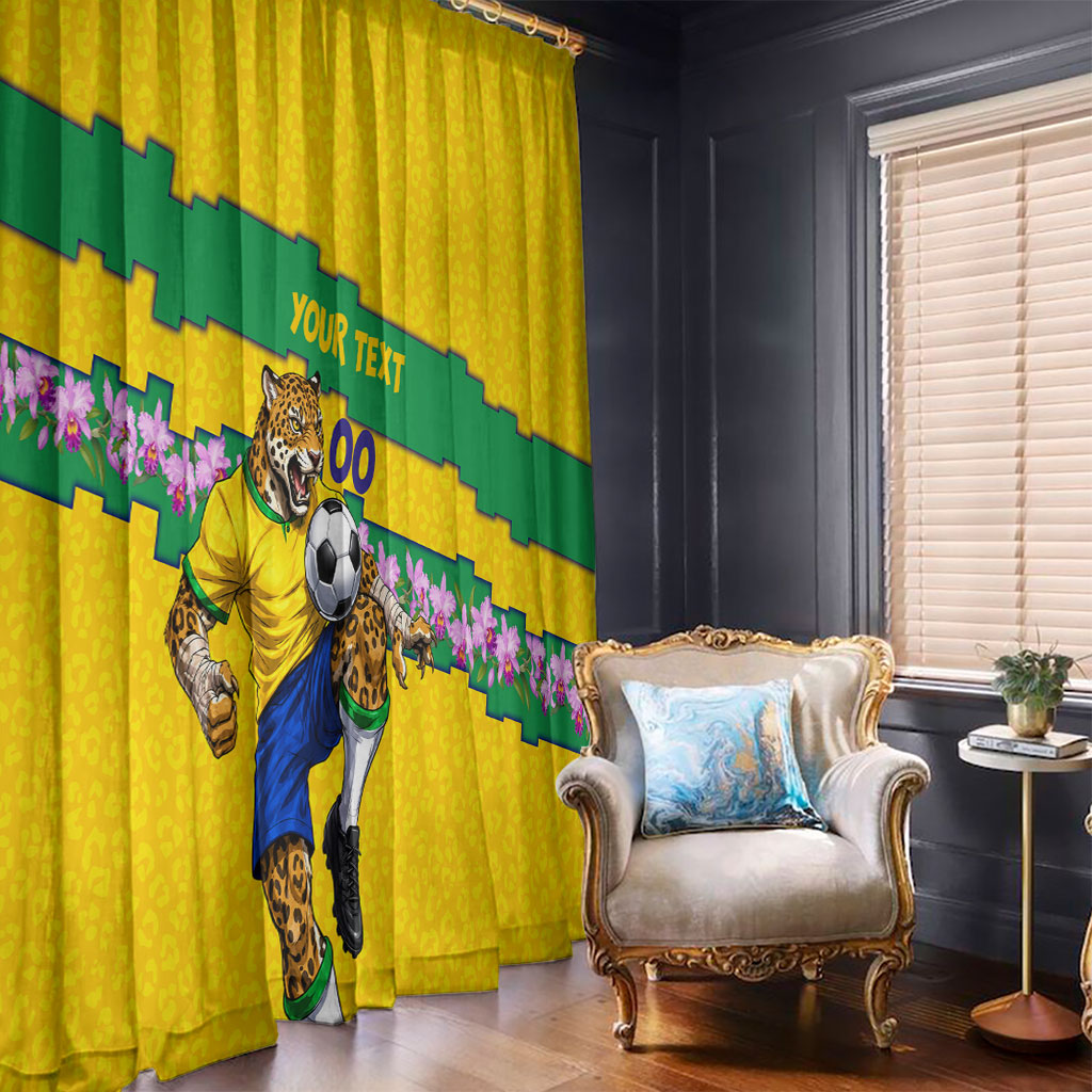 Personalized Brazil Soccer Window Curtain Jaguar Football Mascot - National Flag and Floral Accents