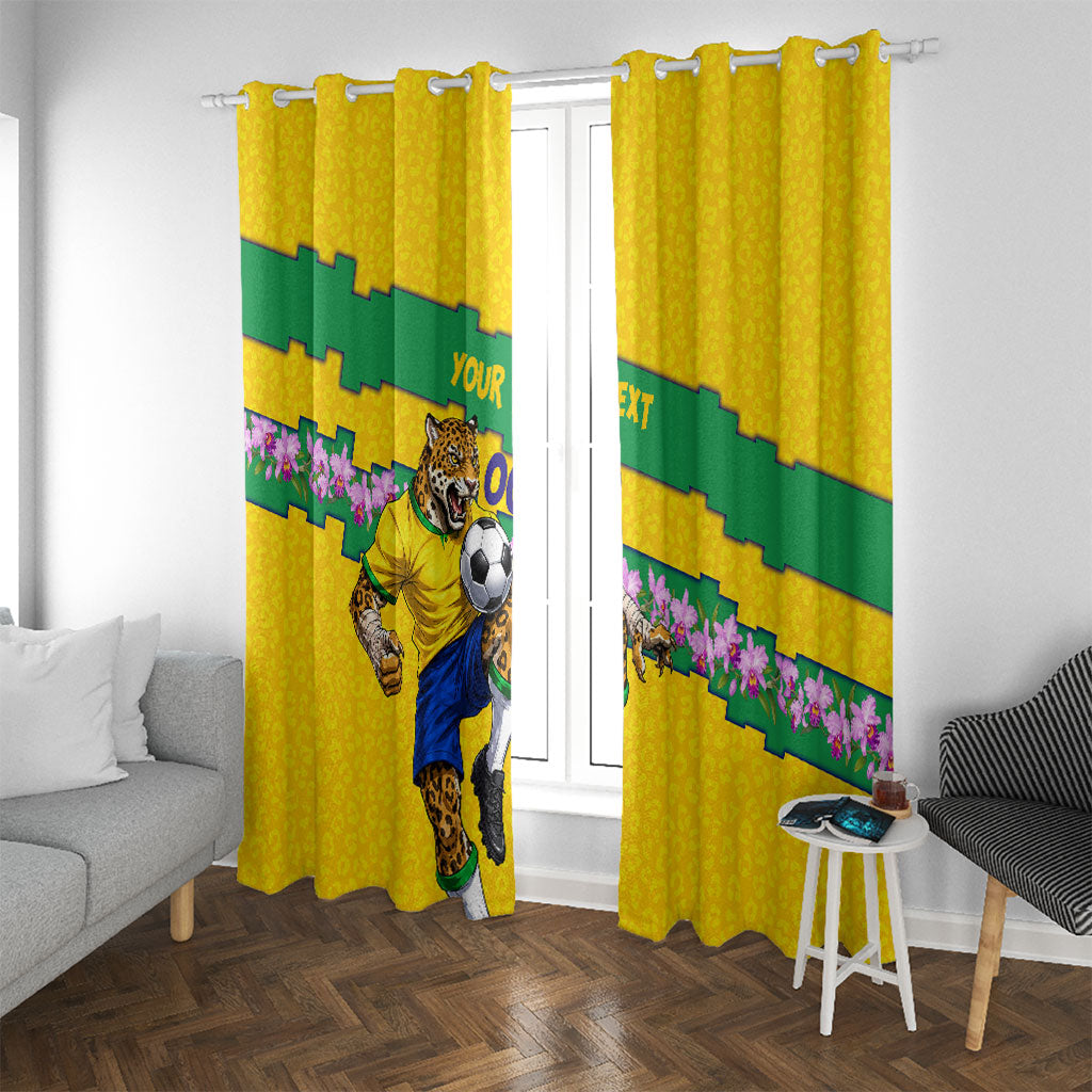 Personalized Brazil Soccer Window Curtain Jaguar Football Mascot - National Flag and Floral Accents