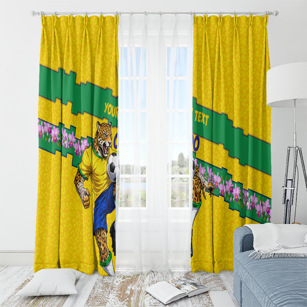 Personalized Brazil Soccer Window Curtain Jaguar Football Mascot - National Flag and Floral Accents