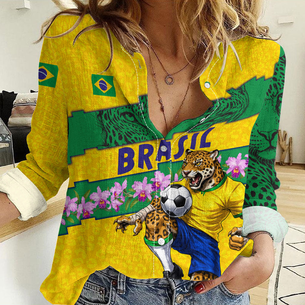 Personalized Brazil Soccer Women Casual Shirt Jaguar Football Mascot - National Flag and Floral Accents