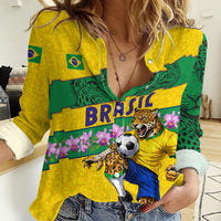 Personalized Brazil Soccer Women Casual Shirt Jaguar Football Mascot - National Flag and Floral Accents