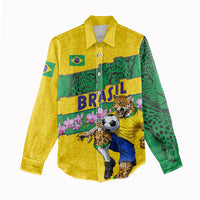Personalized Brazil Soccer Women Casual Shirt Jaguar Football Mascot - National Flag and Floral Accents