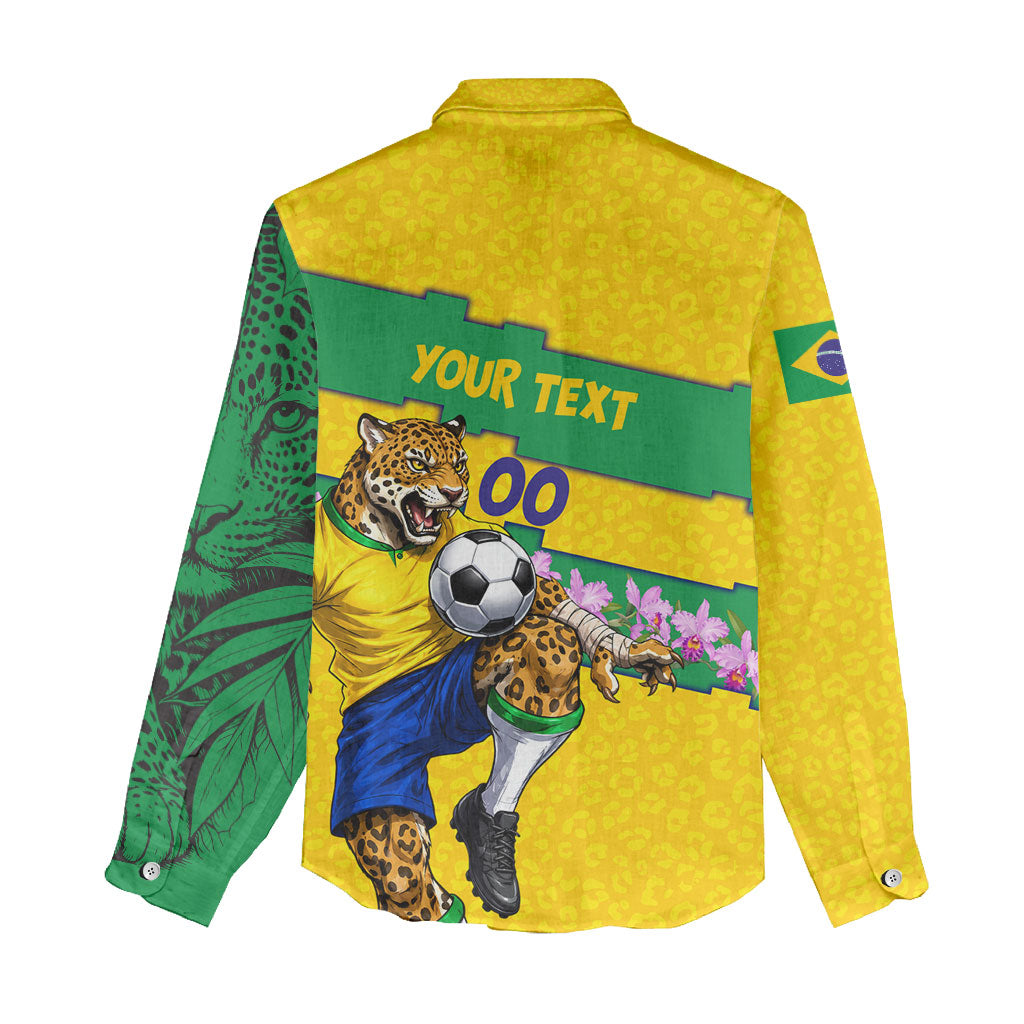 Personalized Brazil Soccer Women Casual Shirt Jaguar Football Mascot - National Flag and Floral Accents