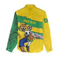 Personalized Brazil Soccer Women Casual Shirt Jaguar Football Mascot - National Flag and Floral Accents