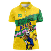 Personalized Brazil Soccer Women Polo Shirt Jaguar Football Mascot - National Flag and Floral Accents