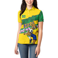Personalized Brazil Soccer Women Polo Shirt Jaguar Football Mascot - National Flag and Floral Accents